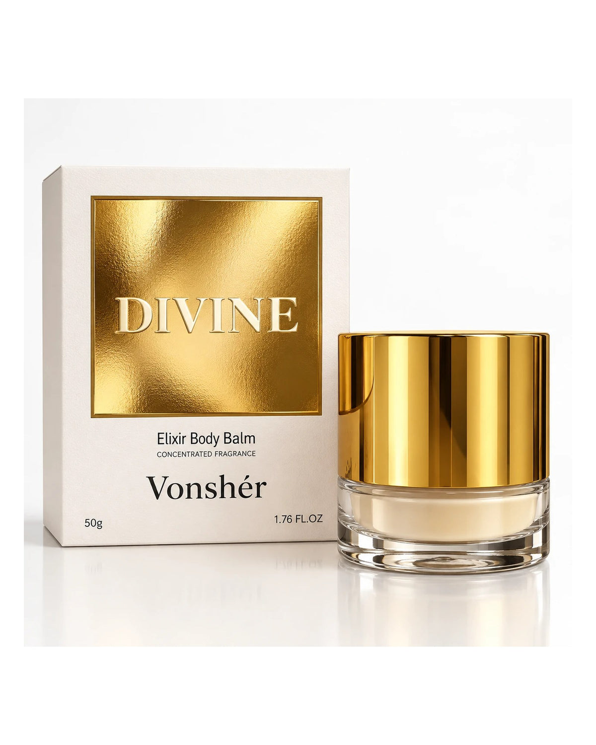 VONSHÉR Divine — Elixir Body Balm, caixa e pote dourados